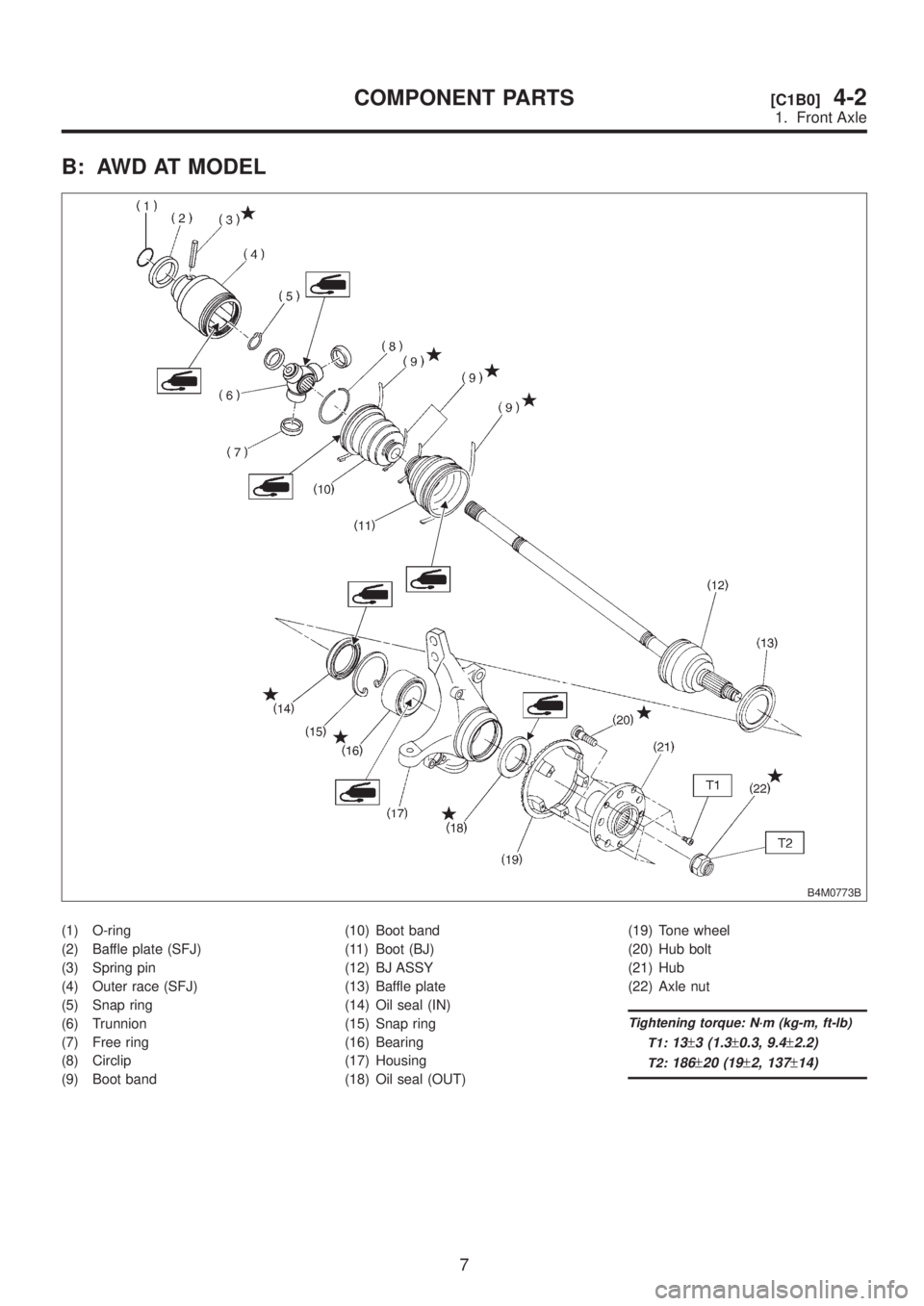 SUBARU LEGACY 1999  Service Repair Manual B: AWD AT MODEL
B4M0773B
(1) O-ring
(2) Baffle plate (SFJ)
(3) Spring pin
(4) Outer race (SFJ)
(5) Snap ring
(6) Trunnion
(7) Free ring
(8) Circlip
(9) Boot band(10) Boot band
(11) Boot (BJ)
(12) BJ A