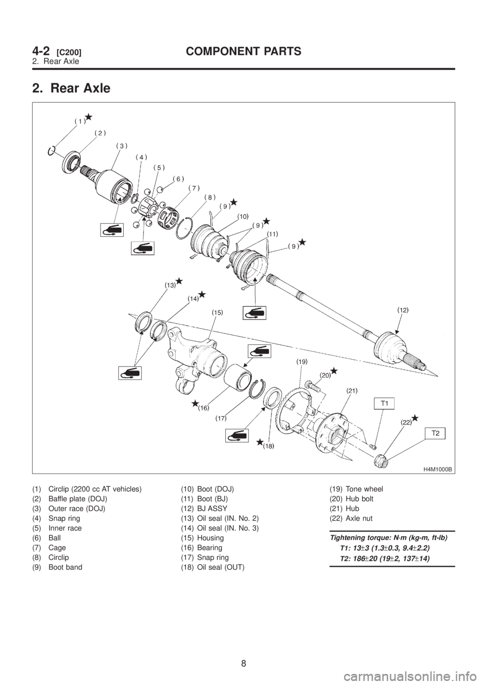 SUBARU LEGACY 1999  Service Repair Manual 2. Rear Axle
H4M1000B
(1) Circlip (2200 cc AT vehicles)
(2) Baffle plate (DOJ)
(3) Outer race (DOJ)
(4) Snap ring
(5) Inner race
(6) Ball
(7) Cage
(8) Circlip
(9) Boot band(10) Boot (DOJ)
(11) Boot (B
