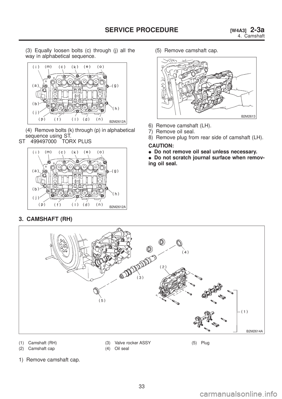 SUBARU LEGACY 1999  Service Repair Manual (3) Equally loosen bolts (c) through (j) all the
way in alphabetical sequence.
B2M2612A
(4) Remove bolts (k) through (p) in alphabetical
sequence using ST.
ST 499497000 TORX PLUS
B2M2612A
(5) Remove c