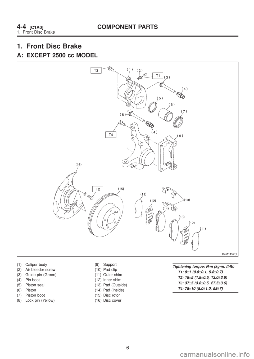 SUBARU LEGACY 1999  Service Repair Manual 1. Front Disc Brake
A: EXCEPT 2500 cc MODEL
B4M1152C
(1) Caliper body
(2) Air bleeder screw
(3) Guide pin (Green)
(4) Pin boot
(5) Piston seal
(6) Piston
(7) Piston boot
(8) Lock pin (Yellow)(9) Suppo