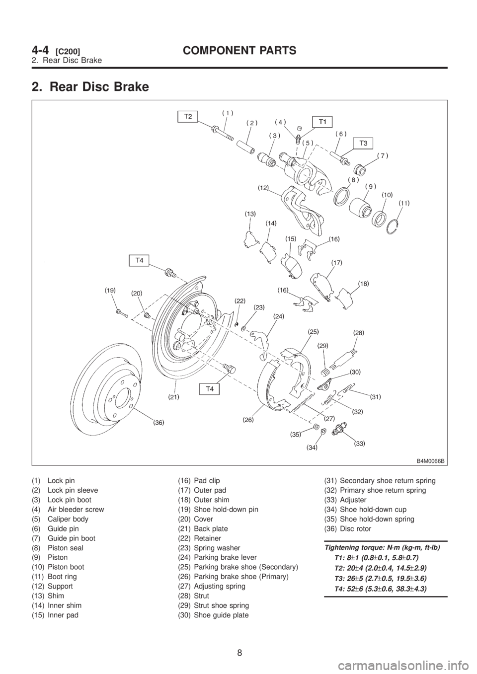 SUBARU LEGACY 1999  Service Repair Manual 2. Rear Disc Brake
B4M0066B
(1) Lock pin
(2) Lock pin sleeve
(3) Lock pin boot
(4) Air bleeder screw
(5) Caliper body
(6) Guide pin
(7) Guide pin boot
(8) Piston seal
(9) Piston
(10) Piston boot
(11) 