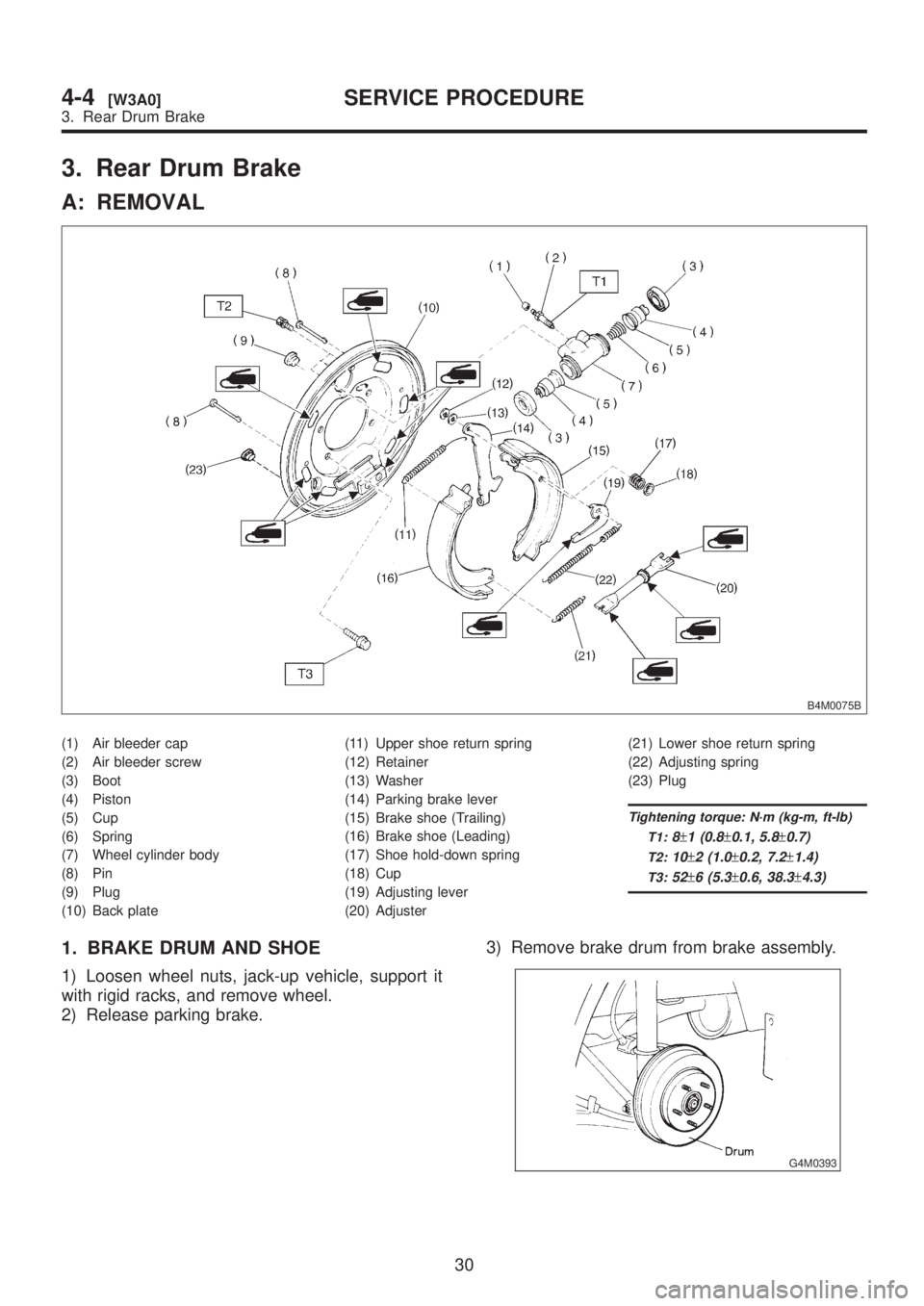 SUBARU LEGACY 1999  Service Repair Manual 3. Rear Drum Brake
A: REMOVAL
B4M0075B
(1) Air bleeder cap
(2) Air bleeder screw
(3) Boot
(4) Piston
(5) Cup
(6) Spring
(7) Wheel cylinder body
(8) Pin
(9) Plug
(10) Back plate(11) Upper shoe return s