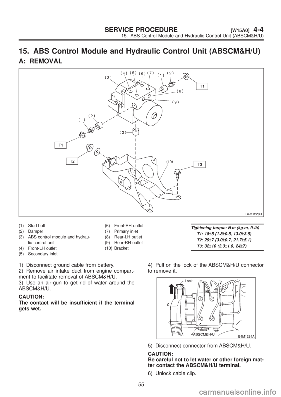SUBARU LEGACY 1999  Service Repair Manual 15. ABS Control Module and Hydraulic Control Unit (ABSCM&H/U)
A: REMOVAL
B4M1220B
(1) Stud bolt
(2) Damper
(3) ABS control module and hydrau-
lic control unit
(4) Front-LH outlet
(5) Secondary inlet(6