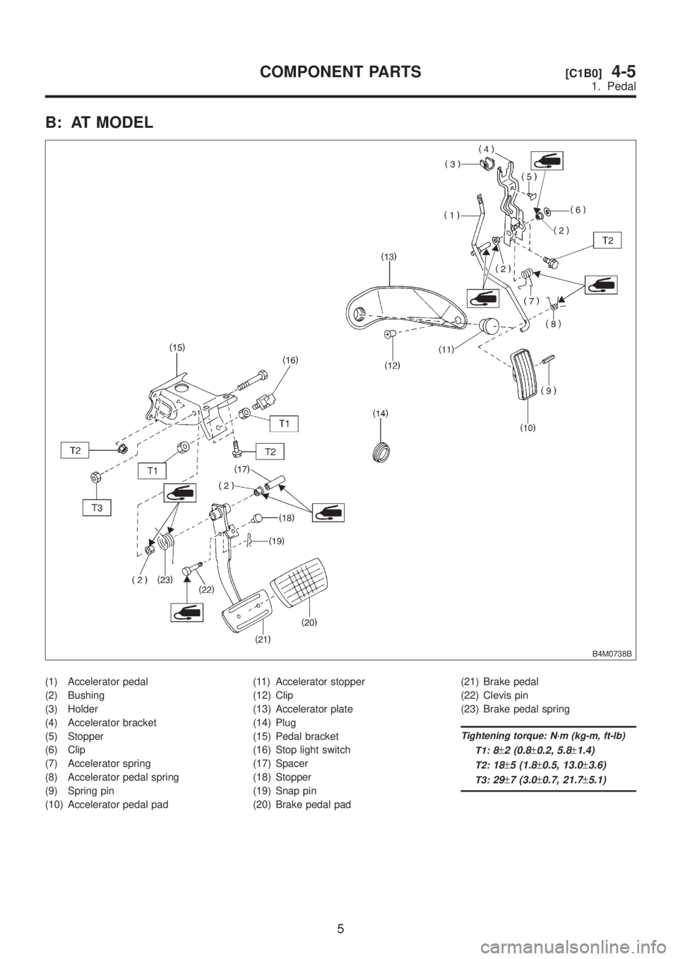 SUBARU LEGACY 1999  Service Repair Manual B: AT MODEL
B4M0738B
(1) Accelerator pedal
(2) Bushing
(3) Holder
(4) Accelerator bracket
(5) Stopper
(6) Clip
(7) Accelerator spring
(8) Accelerator pedal spring
(9) Spring pin
(10) Accelerator pedal