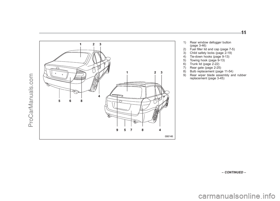SUBARU LEGACY 2007  Owners Manual Black plate (13,1)
北米Model "A2420BE-B" EDITED: 2006/ 7/ 261) Rear window defogger button
(page 3-46)
2) Fuel filler lid and cap (page 7-5)
3) Child safety locks (page 2-19)
4) Tie-down hooks (page