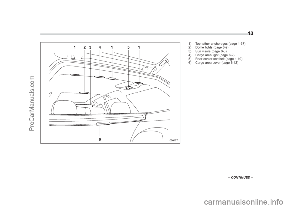 SUBARU LEGACY 2007  Owners Manual Black plate (15,1)
北米Model "A2420BE-B" EDITED: 2006/ 7/ 261) Top tether anchorages (page 1-37)
2) Dome lights (page 6-2)
3) Sun visors (page 6-3)
4) Cargo area light (page 6-2)
5) Rear center seat