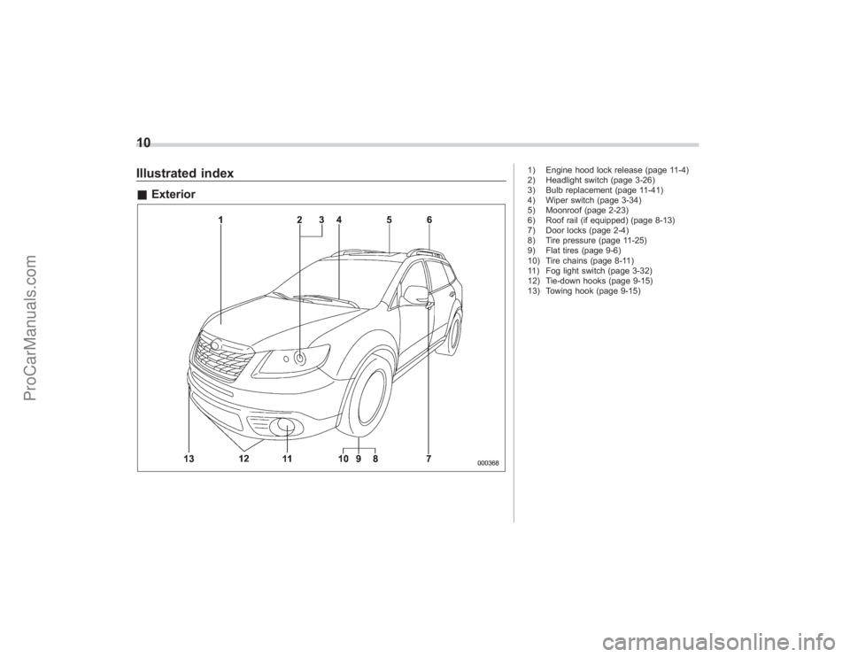 SUBARU TRIBECA 2008  Owners Manual 10Illustrated index&Exterior
1) Engine hood lock release (page 11-4)
2) Headlight switch (page 3-26)
3) Bulb replacement (page 11-41)
4) Wiper switch (page 3-34)
5) Moonroof (page 2-23)
6) Roof rail (