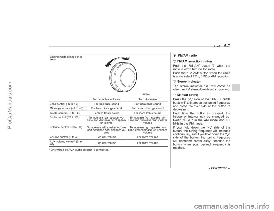 SUBARU TRIBECA 2008  Owners Manual Control mode (Range of le-
vels)
Turn counterclockwiseTurn clockwise
Bass control ( −6 to +6) For less bass sound For more bass sound
Midrange control ( −6 to +6) For less midrange sound For more 