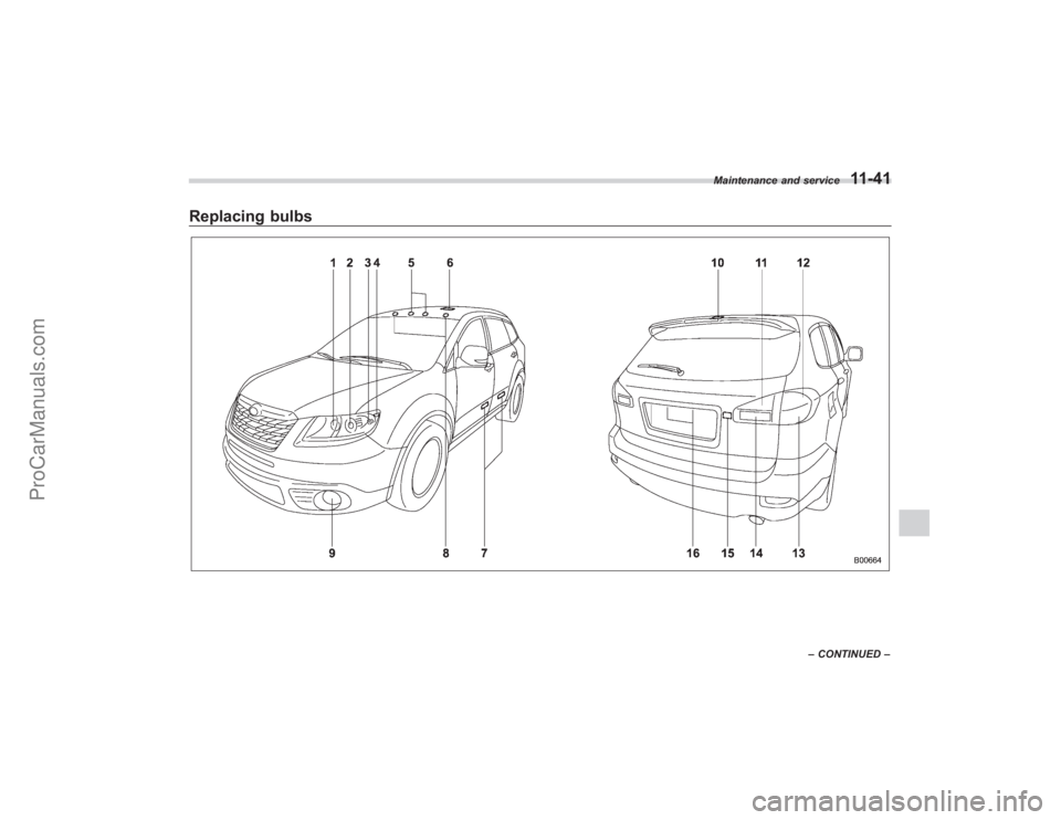 SUBARU TRIBECA 2008  Owners Manual Replacing bulbs
Maintenance and service
11-41
–CONTINUED –
ProCarManuals.com 