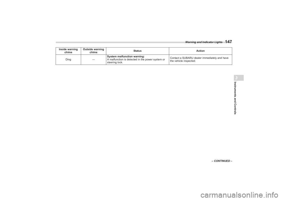 SUBARU BRZ 2023  Owners Manual Warning and Indicator Lights
147
Instruments and Controls3
– CONTINUED –
Ding
―System malfunction warning:
A malfunction is detected in the power system or 
steering lock. Contact a SUBARU deale