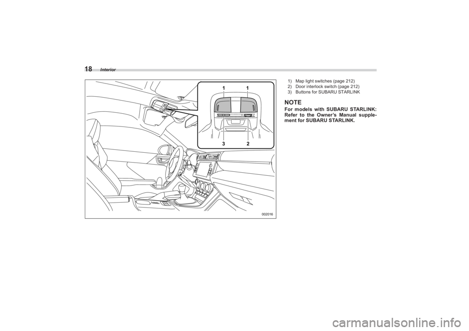 SUBARU BRZ 2023  Owners Manual Interior
18
1
1
3
2
002016
 1) Map light switches (page 212)
2) Door interlock switch (page 212)
3) Buttons for SUBARU STARLINKNOTEFor models with SUBARU STARLINK: 
Refer to the Owner’s Manual suppl