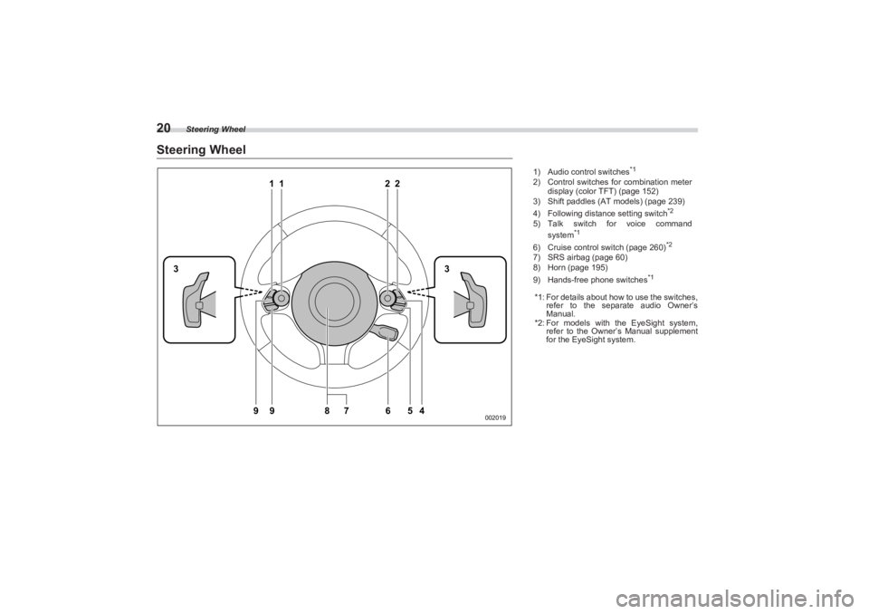 SUBARU BRZ 2023  Owners Manual Steering Wheel
20Steering Wheel
11
9
33
9
22
4
5
6
8
7
002019
1)
Audio control switches
*1
2) Control switches for combination meter  
display (color TFT) (page 152)
3) Shift paddles (AT models) (page