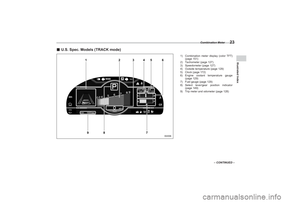 SUBARU BRZ 2023  Owners Manual Combination Meter
23
Illustrated Index
– CONTINUED –
■U.S. Spec. Models (TRACK mode)
1
2
3
4
5
6
7
8
9
002006
 
1) Combination meter display (color TFT)  
(page 151)
2) Tachometer (page 127)
3) 