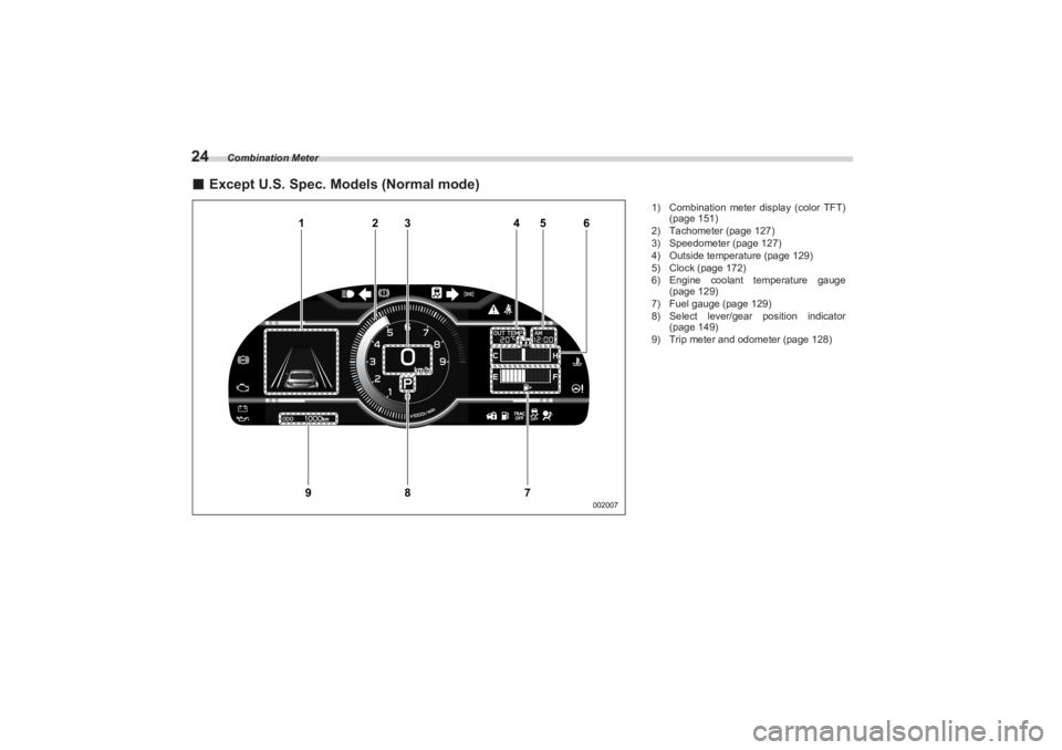 SUBARU BRZ 2023  Owners Manual Combination Meter
24■Except U.S. Spec. Models (Normal mode)
1
2
3
7
8
9
4
5
6002007
1) Combination meter display (color TFT)  
(page 151)
2) Tachometer (page 127)
3) Speedometer (page 127)
4) Outsid