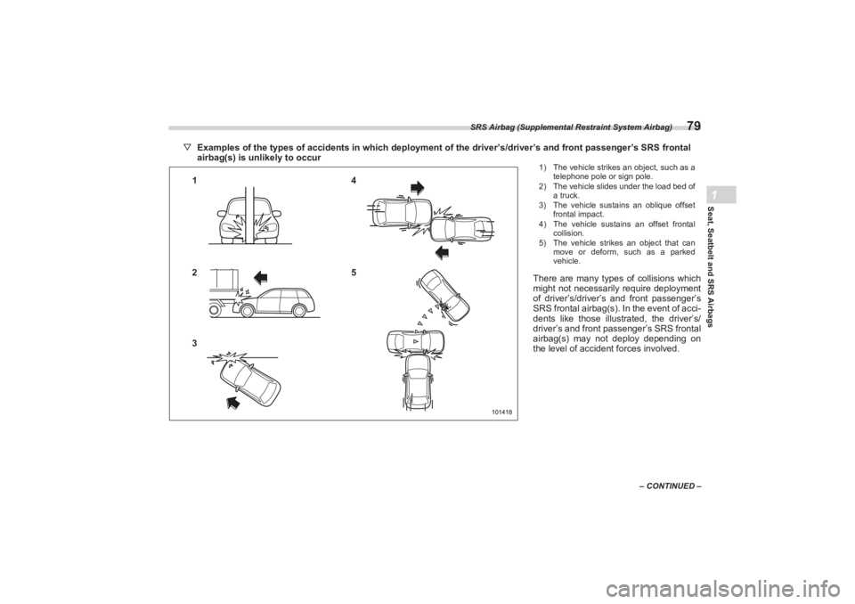 SUBARU BRZ 2023  Owners Manual SRS Airbag (Supplemental Restraint System Airbag)
79
Seat, Seatbelt and SRS Airbags1
– CONTINUED –
▽Examples of the types of accidents in  which deployment of the driver’s/driver’s and front