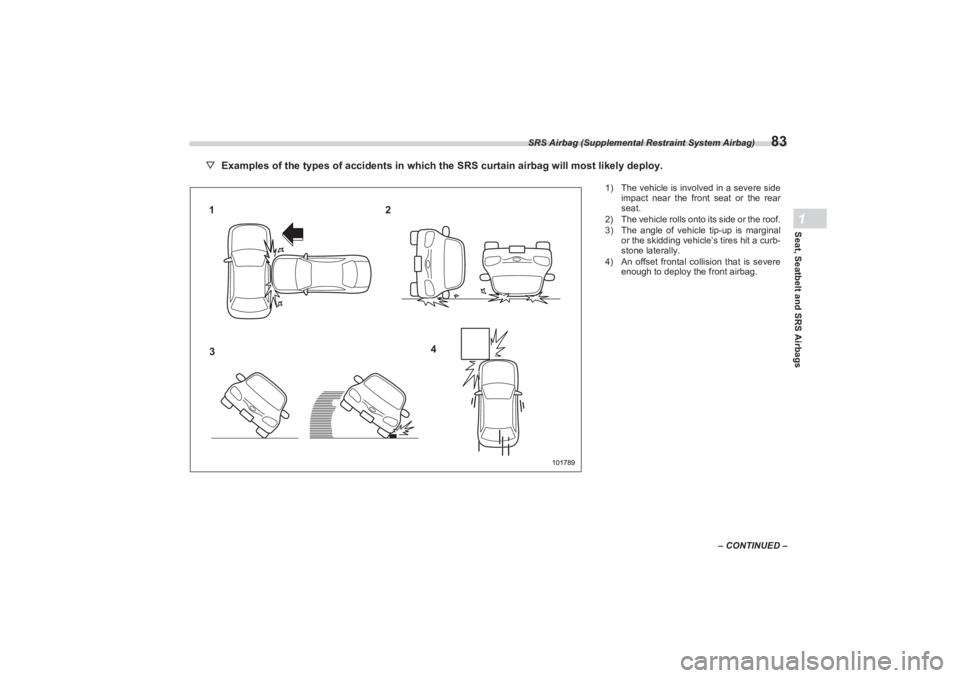SUBARU BRZ 2023  Owners Manual SRS Airbag (Supplemental Restraint System Airbag)
83
Seat, Seatbelt and SRS Airbags1
– CONTINUED –
▽Examples of the types of accidents in which the SRS curtain airbag will most likely deploy.
10