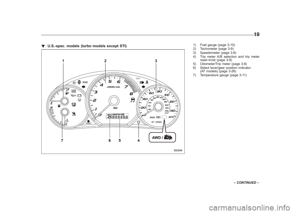 SUBARU IMPREZA WRX STI 2011  Owners Manual Black plate (21,1)
北米Model "A1110BE-C" EDITED: 2010/ 12/ 17
! U.S.-spec. models (turbo models except STI)
1) Fuel gauge (page 3-10)
2) Tachometer (page 3-9)
3) Speedometer (page 3-8)
4) Trip meter