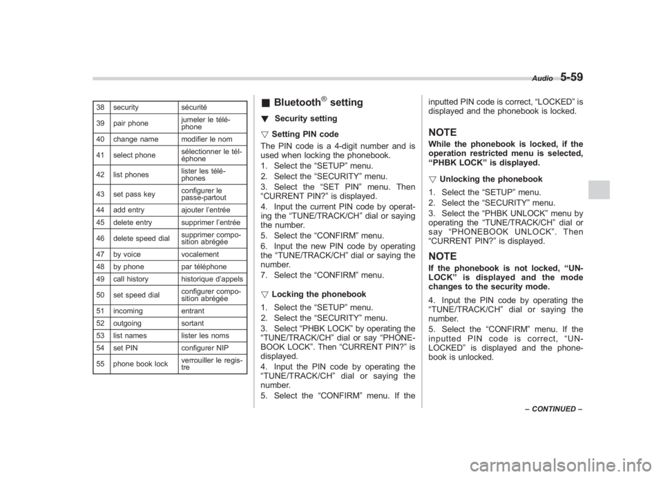 SUBARU IMPREZA WRX STI 2011  Owners Manual Black plate (249,1)
北米Model "A1110BE-C" EDITED: 2010/ 12/ 17
38 security sécurité
39 pair phone jumeler le télé-
phone
40 change name modifier le nom
41 select phone sélectionner le tél-
ép