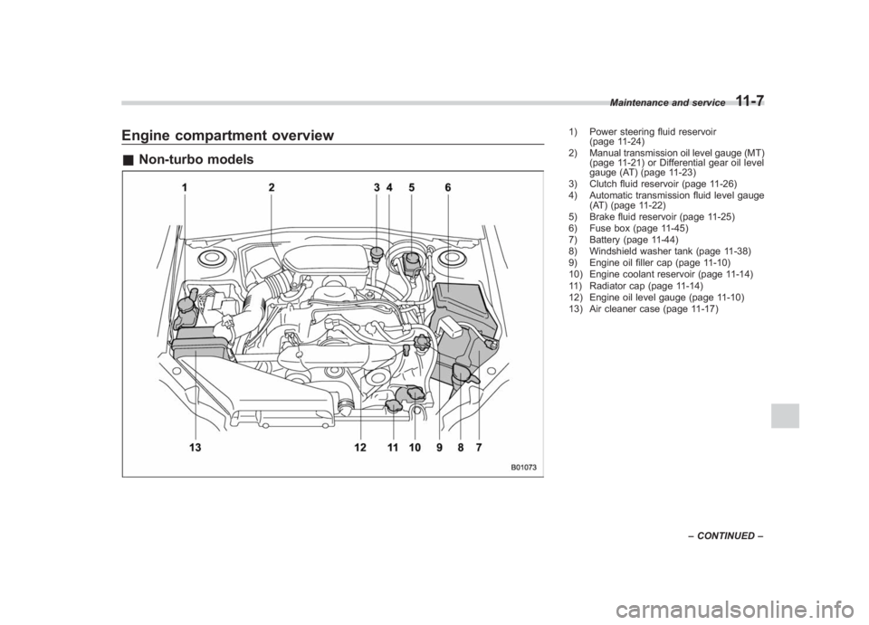 SUBARU IMPREZA WRX STI 2011  Owners Manual Black plate (367,1)
北米Model "A1110BE-C" EDITED: 2010/ 12/ 17
Engine compartment overview& Non-turbo models
1) Power steering fluid reservoir
(page 11-24)
2) Manual transmission oil level gauge (MT