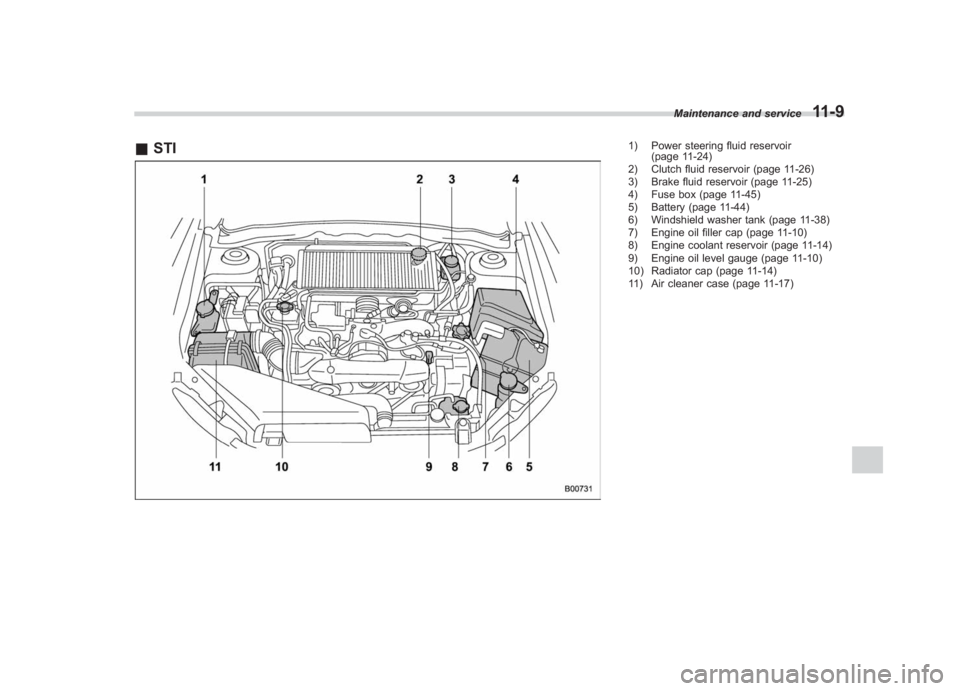 SUBARU IMPREZA WRX STI 2011  Owners Manual Black plate (369,1)
北米Model "A1110BE-C" EDITED: 2010/ 12/ 17
& STI
1) Power steering fluid reservoir
(page 11-24)
2) Clutch fluid reservoir (page 11-26)
3) Brake fluid reservoir (page 11-25)
4) Fu
