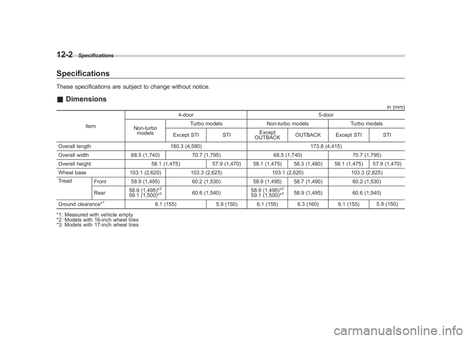 SUBARU IMPREZA WRX STI 2011  Owners Manual Black plate (418,1)
北米Model "A1110BE-C" EDITED: 2010/ 12/ 17
12-2
Specifications
SpecificationsThese specifications are subject to change without notice.& Dimensions
in (mm)
Item 4-door
5-door
Non
