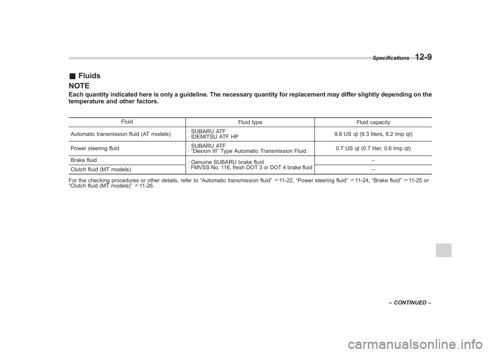 SUBARU IMPREZA WRX STI 2011  Owners Manual Black plate (425,1)
北米Model "A1110BE-C" EDITED: 2010/ 12/ 17
& Fluids
NOTEEach quantity indicated here is only a guideline. The necessary quantity for replacement may differ slightly depending on 