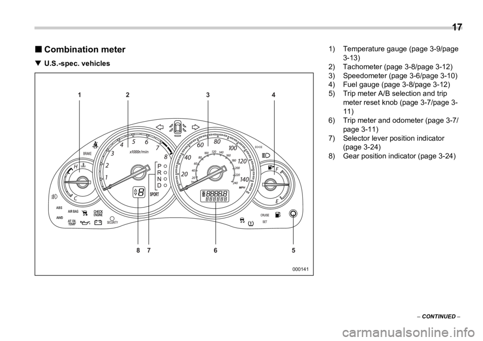 SUBARU OUTBACK 2006  Owners Manual  
17
–  CONTINUED  –�„ Combination meter�T U.S.-spec. vehicles
00014112 3
56 4
87 1) Temperature gauge (page 3-9/page 
3-13)
2) Tachometer (page 3-8/page 3-12)
3) Speedometer (page 3-6/page 3-10