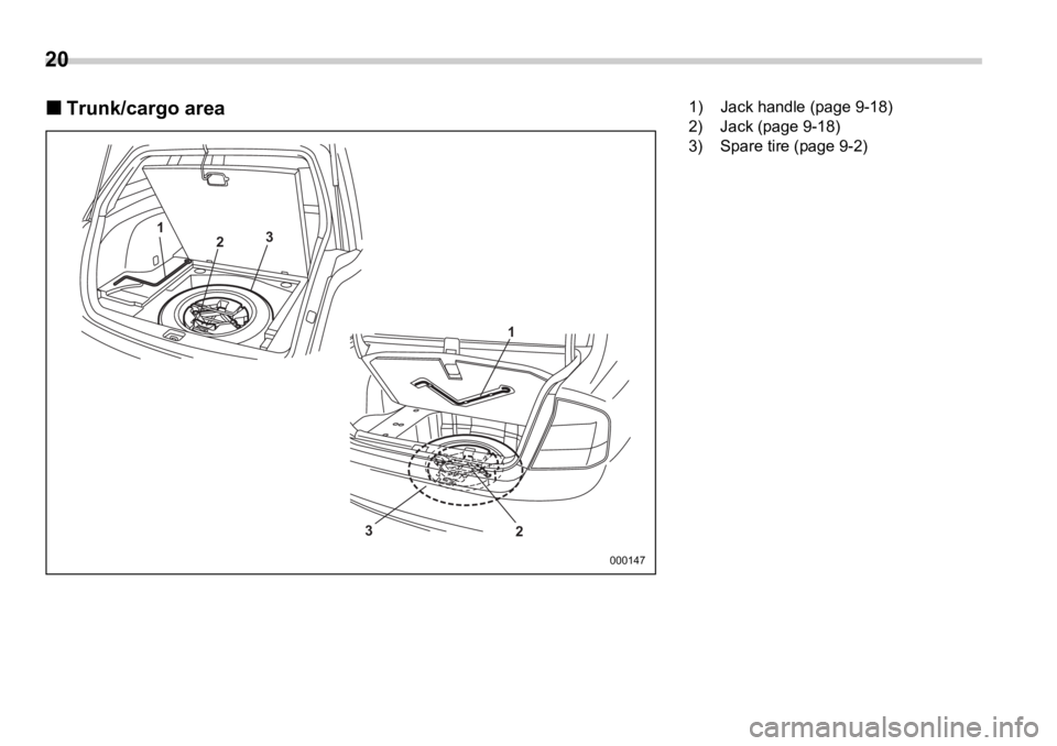 SUBARU OUTBACK 2006  Owners Manual 20  
�„ Trunk/cargo area 1
3
2
23 1
0001471) Jack handle (page 9-18)
2) Jack (page 9-18)
3) Spare tire (page 9-2) 
