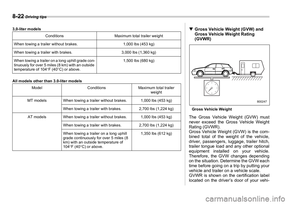 SUBARU OUTBACK 2006  Owners Manual 8-22  Driving tips
3,0-liter models
All models other than 3.0-liter models Conditions Maximum total trailer weight
When towing a trailer without brakes. 1,000 lbs (453 kg)
When towing a trailer with b