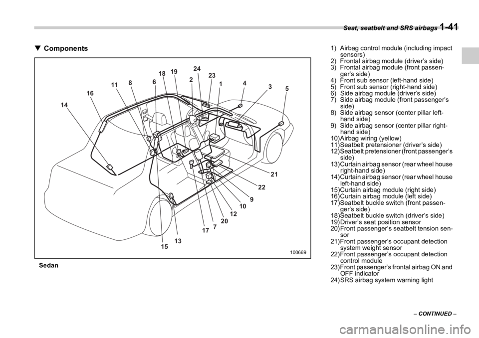 SUBARU OUTBACK 2006  Owners Manual Seat, seatbelt and SRS airbags 
1-41
–  CONTINUED  –�T Components
Sedan  12
34
56 18 19 24
23
8
11
1314 16
15 21
22
9
7 10
12
20
17 1006691) Airbag control module (including impact 
sensors)
2) Fr
