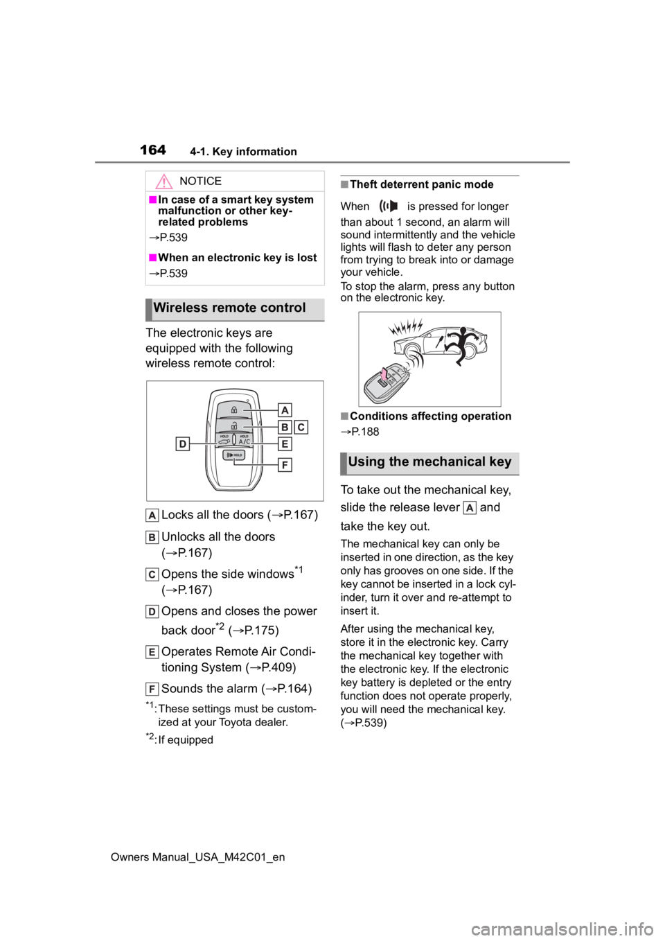 SUBARU SOLTERRA 2023  Owners Manual 1644-1. Key information
Owners Manual_USA_M42C01_en
The electronic keys are 
equipped with the following 
wireless remote control:Locks all the doors ( P.167)
Unlocks all the doors 
( P.167)
Ope