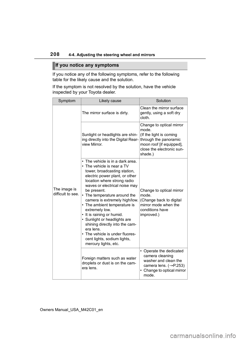 SUBARU SOLTERRA 2023  Owners Manual 2084-4. Adjusting the steering wheel and mirrors
Owners Manual_USA_M42C01_en
If you notice any of the following symptoms, refer to the following 
table for the likely cause and the solution.
If the sy