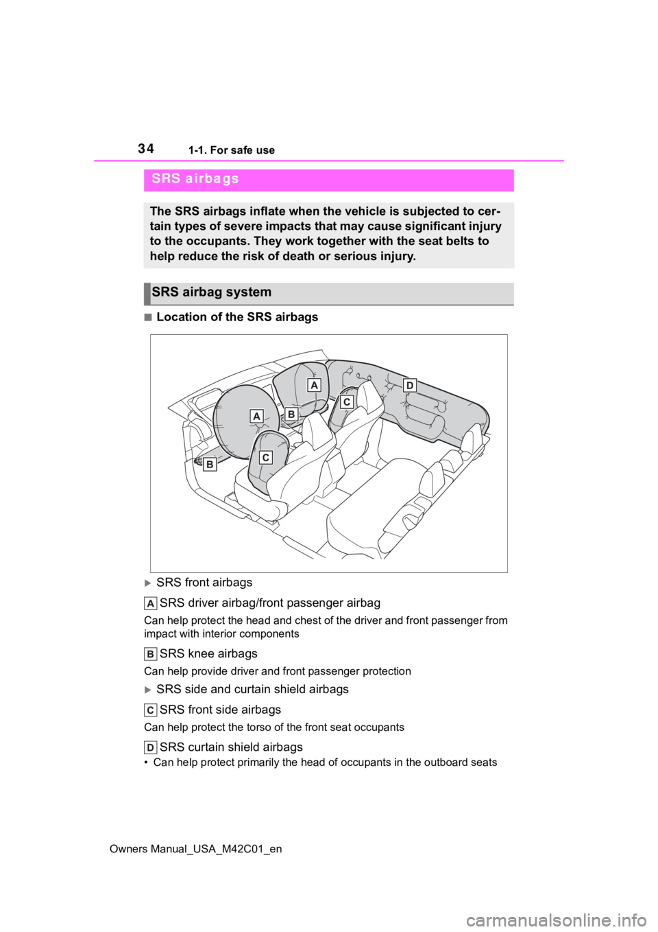 SUBARU SOLTERRA 2023  Owners Manual 341-1. For safe use
Owners Manual_USA_M42C01_en
■Location of the SRS airbags
SRS front airbagsSRS driver airbag/front passenger airbag
Can help protect the head and chest of the driver and front 