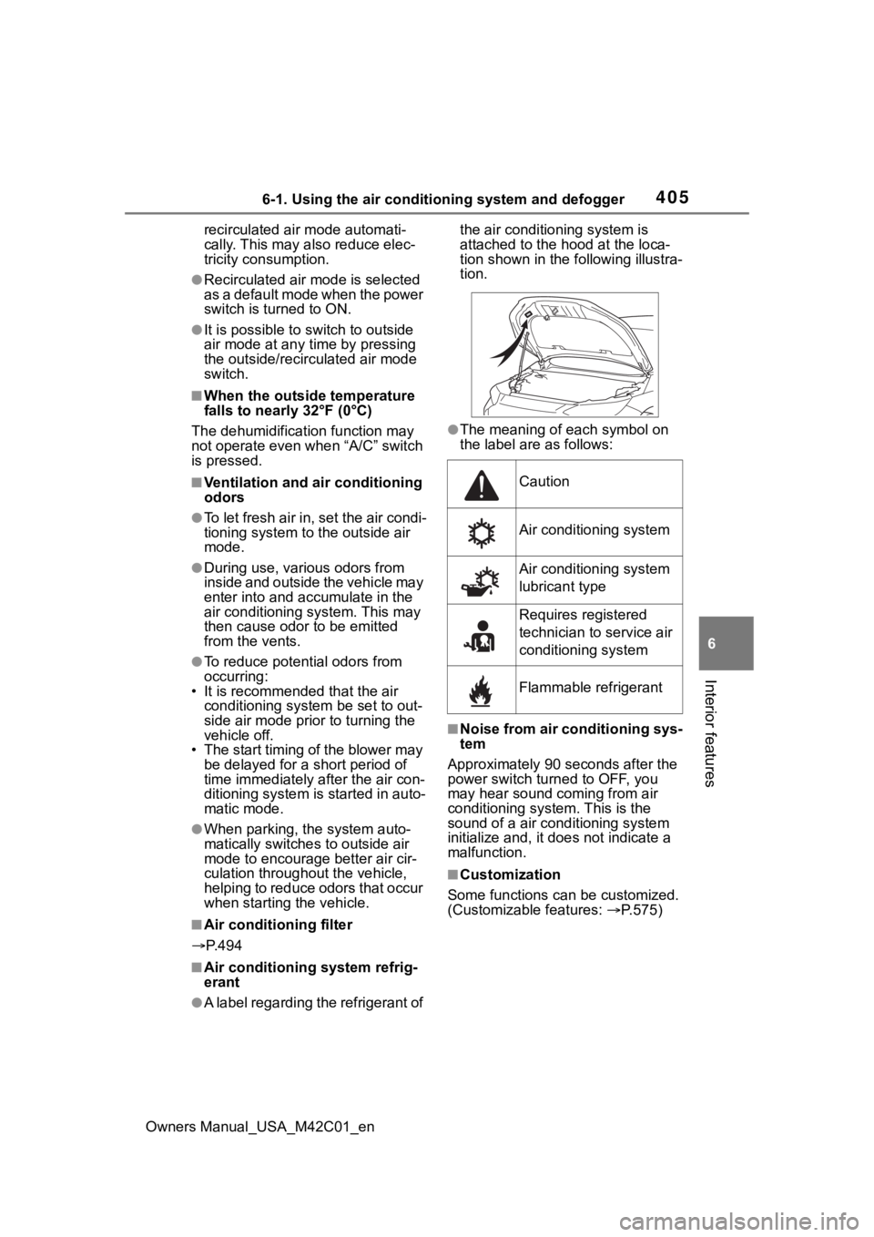 SUBARU SOLTERRA 2023  Owners Manual 4056-1. Using the air conditioning system and defogger
Owners Manual_USA_M42C01_en
6
Interior features
recirculated air mode automati-
cally. This may also reduce elec-
tricity consumption.
●Recircu