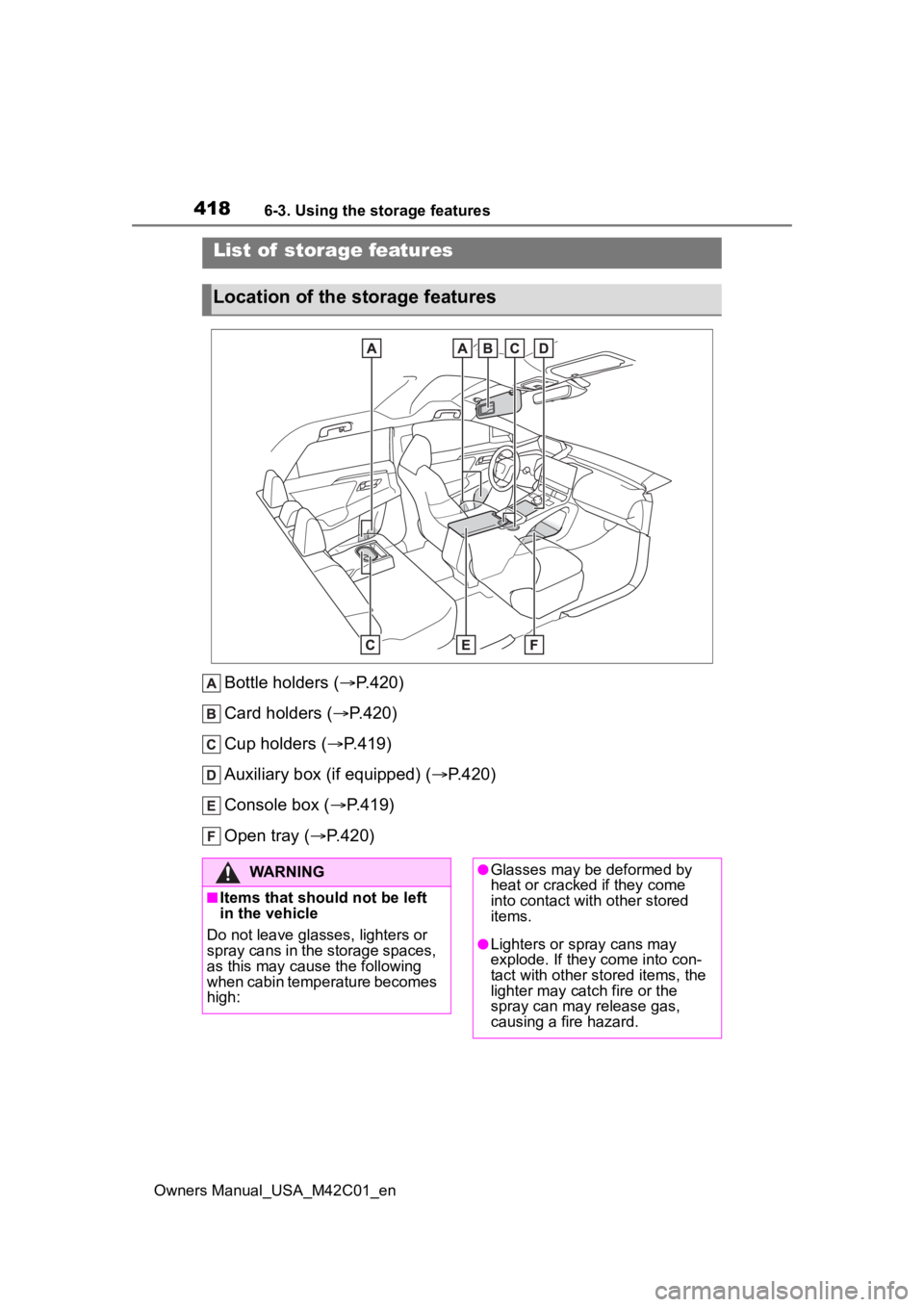SUBARU SOLTERRA 2023  Owners Manual 4186-3. Using the storage features
Owners Manual_USA_M42C01_en
6-3.Using the storage features
Bottle holders (P.420)
Card holders ( P.420)
Cup holders ( P.419)
Auxiliary box (if equipped) (
