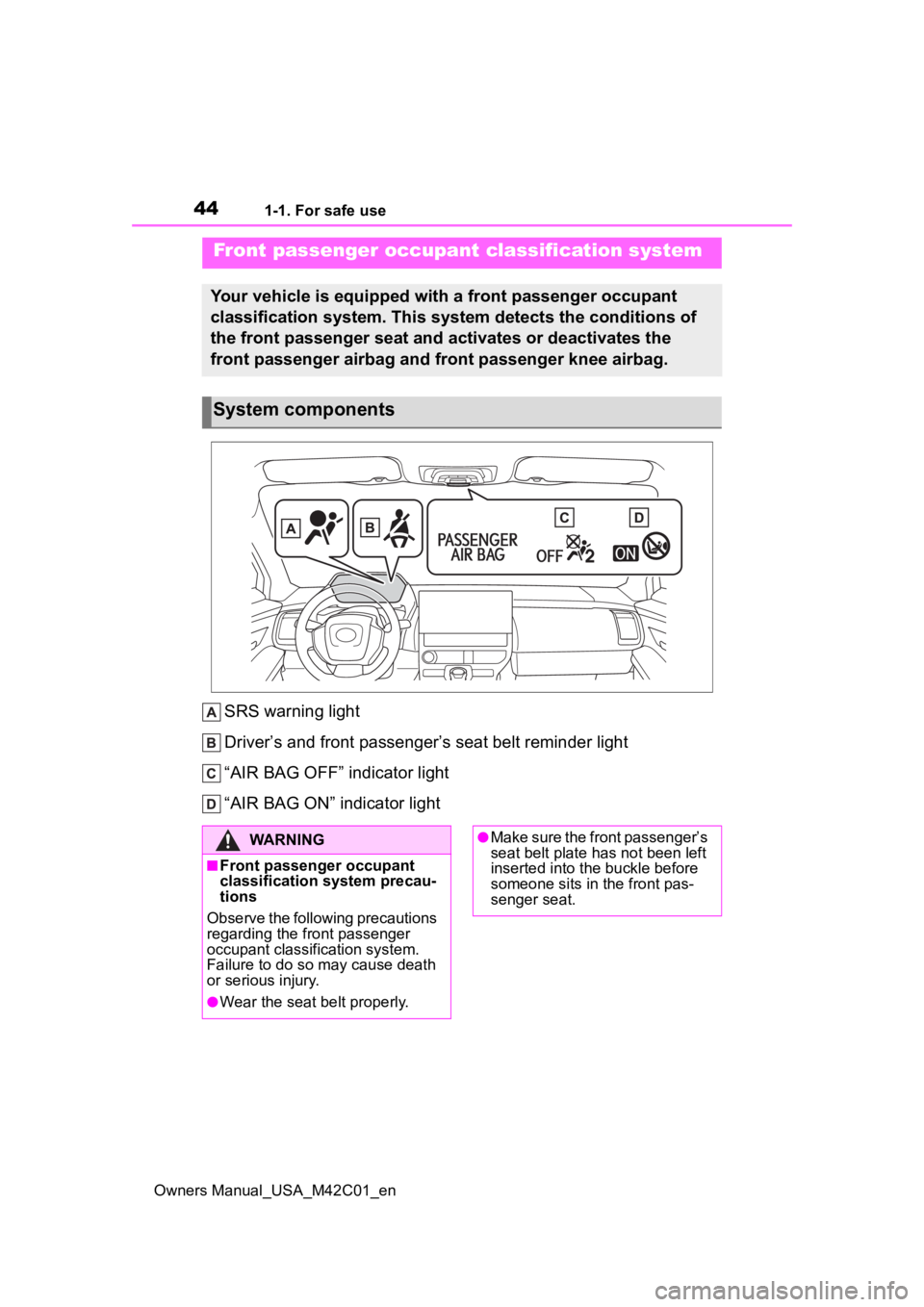 SUBARU SOLTERRA 2023  Owners Manual 441-1. For safe use
Owners Manual_USA_M42C01_en
SRS warning light
Driver’s and front passenger’s seat belt reminder light
“AIR BAG OFF” indicator light
“AIR BAG ON” indicator light
Front p