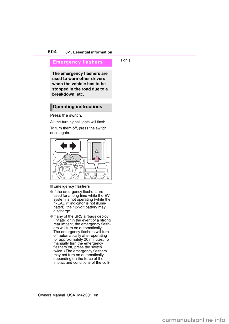 SUBARU SOLTERRA 2023  Owners Manual 5048-1. Essential information
Owners Manual_USA_M42C01_en
8-1.Essential information
Press the switch.
All the turn signal lights will flash.
To turn them off, press the switch 
once again.
■Emergenc