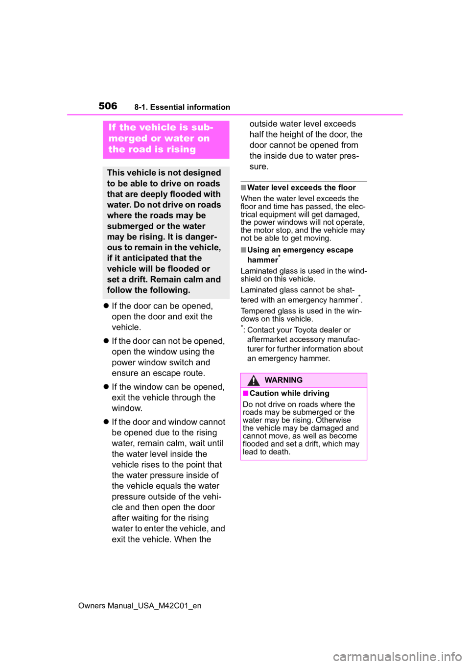 SUBARU SOLTERRA 2023  Owners Manual 5068-1. Essential information
Owners Manual_USA_M42C01_en
If the door can be opened, 
open the door and exit the 
vehicle.
 If the door can not be opened, 
open the window using the 
power windo