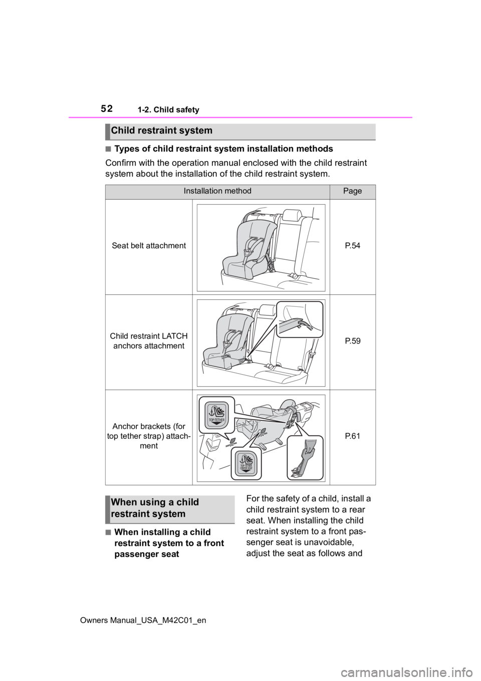 SUBARU SOLTERRA 2023  Owners Manual 521-2. Child safety
Owners Manual_USA_M42C01_en
■Types of child restraint system installation methods
Confirm with the operation manual enclosed with the child restr aint 
system about the installat