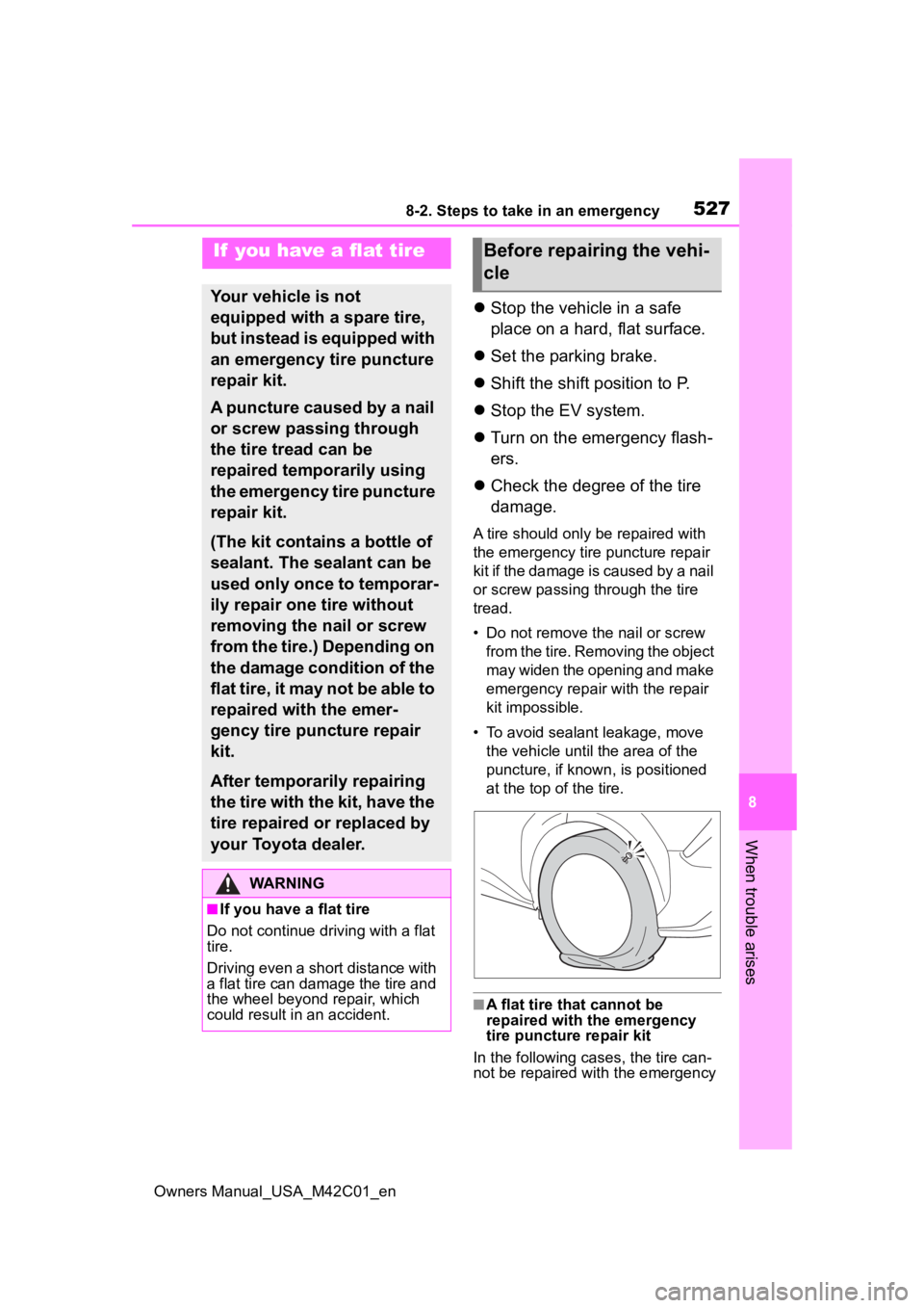 SUBARU SOLTERRA 2023  Owners Manual 5278-2. Steps to take in an emergency
Owners Manual_USA_M42C01_en
8
When trouble arises
 Stop the vehicle in a safe 
place on a hard, flat surface.
 Set the parking brake.
 Shift the shift po