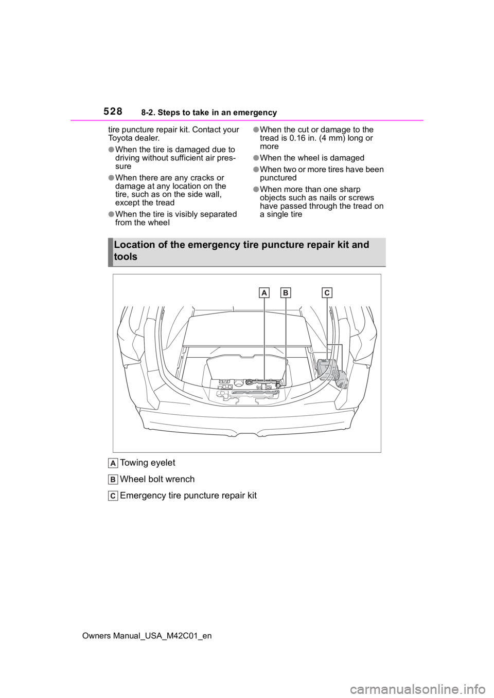 SUBARU SOLTERRA 2023  Owners Manual 5288-2. Steps to take in an emergency
Owners Manual_USA_M42C01_entire puncture repair kit. Contact your 
Toyota dealer.
●When the tire is damaged due to 
driving without sufficient air pres-
sure
