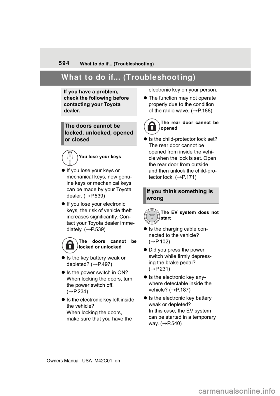 SUBARU SOLTERRA 2023  Owners Manual 594What to do if... (Troubleshooting)
Owners Manual_USA_M42C01_en
1-1.What to do if... (Troubleshooting)What to do if... (Troubleshooting)
 If you lose your keys or 
mechanical keys, new genu-
ine 