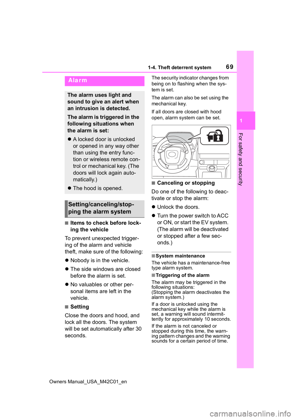 SUBARU SOLTERRA 2023 Owners Manual 691-4. Theft deterrent system
Owners Manual_USA_M42C01_en
1
For safety and security
■Items to check before lock-
ing the vehicle
To prevent unexpected trigger-
ing of the alarm and vehicle
theft, m SUBARU SOLTERRA 2023 Owners Manual 691-4. Theft deterrent system
Owners Manual_USA_M42C01_en
1
For safety and security
■Items to check before lock-
ing the vehicle
To prevent unexpected trigger-
ing of the alarm and vehicle
theft, m