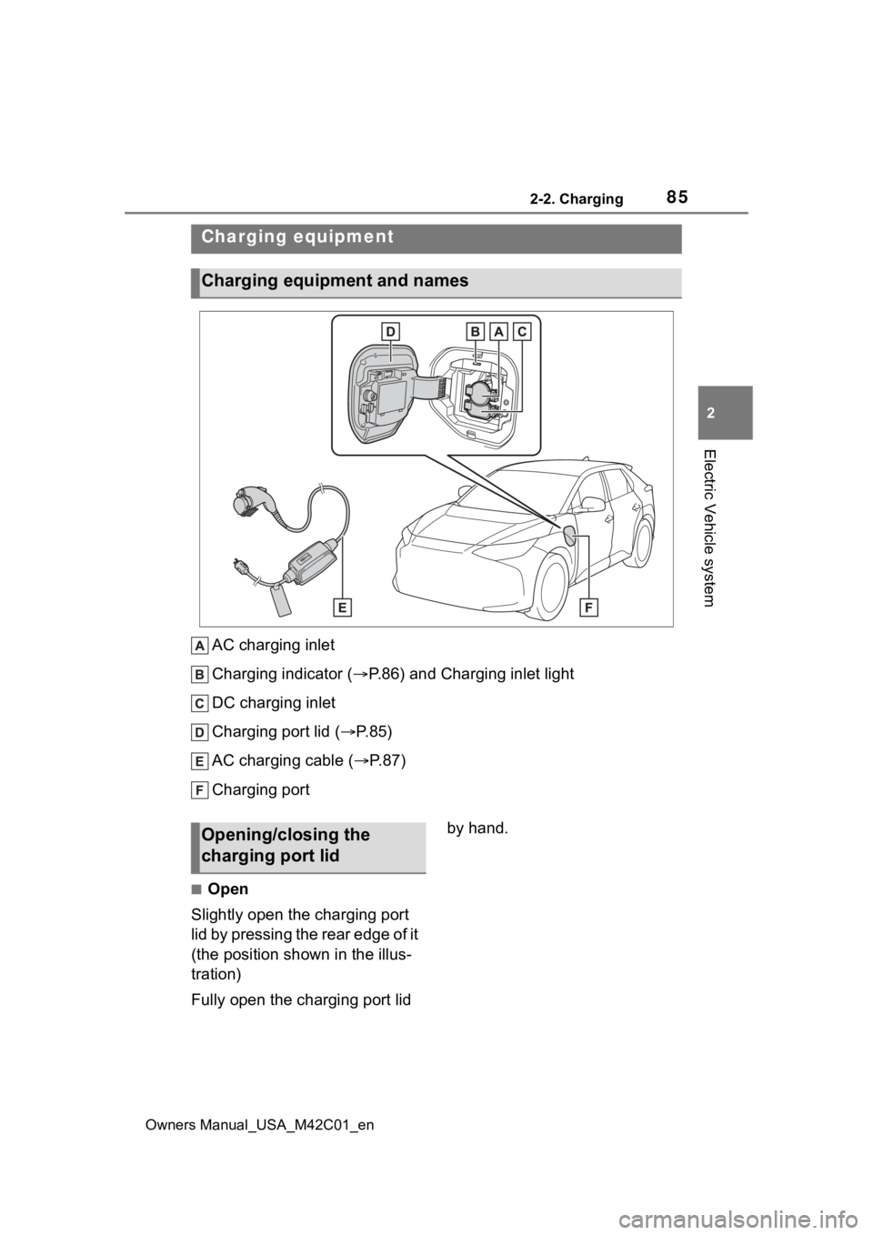 SUBARU SOLTERRA 2023  Owners Manual 852-2. Charging
Owners Manual_USA_M42C01_en
2
Electric Vehicle system
2-2.Charging
AC charging inlet
Charging indicator ( P.86) and Charging inlet light
DC charging inlet
Charging port lid ( P.8