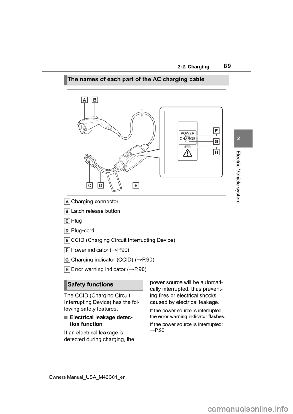 SUBARU SOLTERRA 2023  Owners Manual 892-2. Charging
Owners Manual_USA_M42C01_en
2
Electric Vehicle system
Charging connector
Latch release button
Plug
Plug-cord
CCID (Charging Circuit Interrupting Device)
Power indicator ( P. 9 0 )
C
