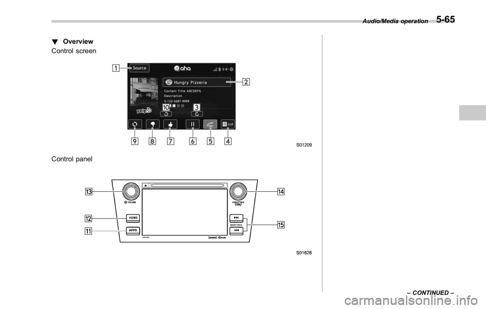 SUBARU WRX 2016  Owners Manual ! Overview
Control screen
Control panel Audio/Media operation
– CONTINUED –5-65 