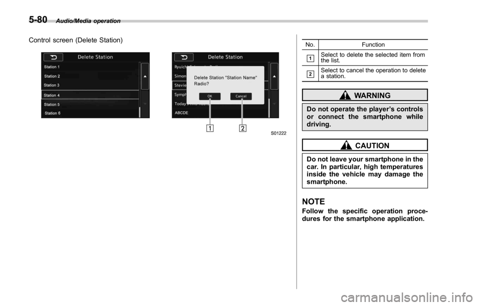 SUBARU WRX 2016  Owners Manual Audio/Media operation
Control screen (Delete Station) No. Function
& 1
Select to delete the selected item from
the list.
& 2
Select to cancel the operation to delete
a station.
WARNINGDo not operate t