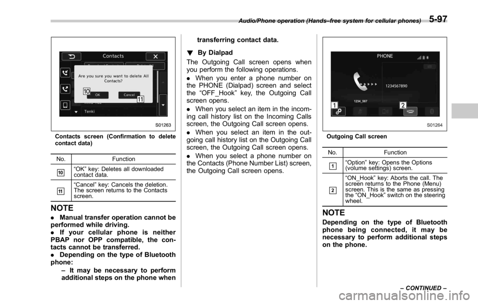 SUBARU WRX 2016  Owners Manual Contacts screen (Confirmation to delete
contact data)
No. Function
& 10
“ OK ” key: Deletes all downloaded
contact data.
& 11
“ Cancel ” key: Cancels the deletion.
The screen returns to the Co