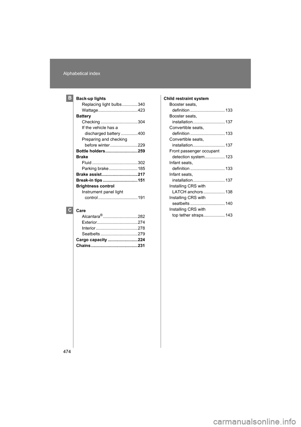 SUBARU BRZ 2014 1.G Owners Manual 474
Alphabetical index
Back-up lightsReplacing light bulbs ............. 340
Wattage.................................423
Battery
Checking ............................... 304
If the vehicle has a dis SUBARU BRZ 2014 1.G Owners Manual 474
Alphabetical index
Back-up lightsReplacing light bulbs ............. 340
Wattage.................................423
Battery
Checking ............................... 304
If the vehicle has a dis