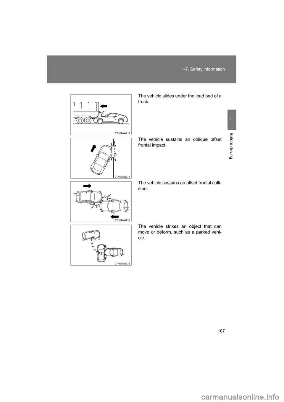 SUBARU BRZ 2015 1.G Owners Manual 107
1-7. Safety information
1
Before driving
The vehicle slides under the load bed of a 
truck. 
The vehicle sustains an oblique offset 
frontal impact. 
The vehicle sustains an offset frontal colli- 